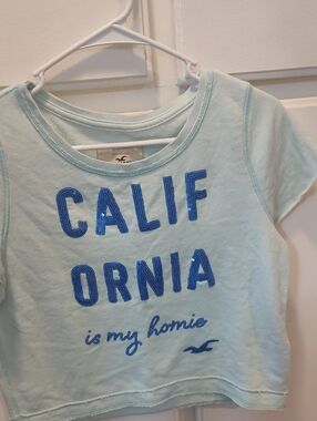Hollister Light Aqua Sequin 'California' Crop Tee